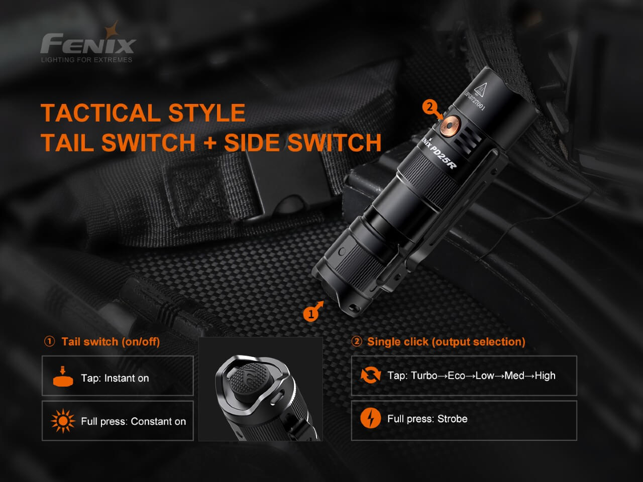 Fenix PD25R Rechargeable tactical flashlight with switch options on a dark background
