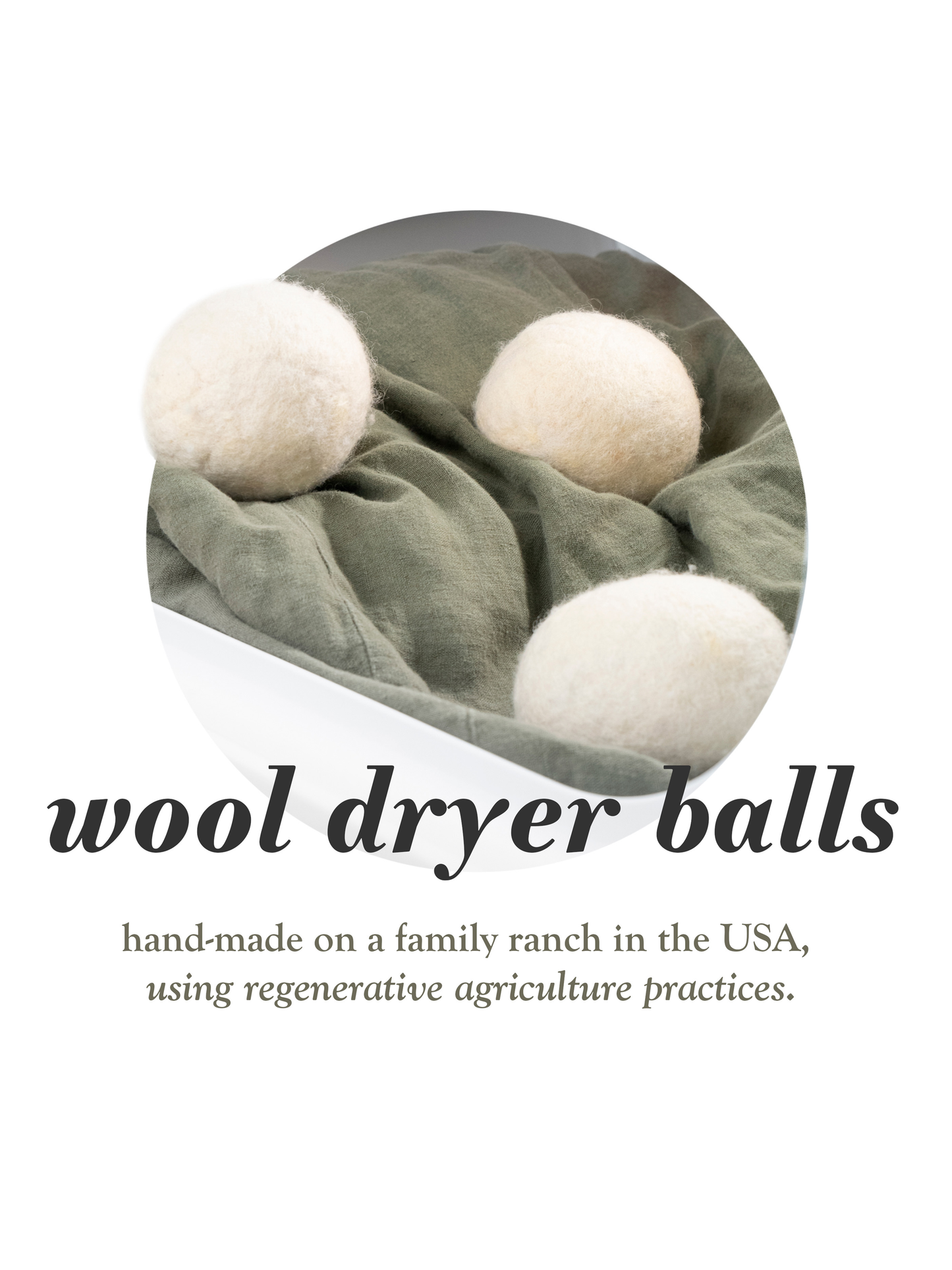 Hand-made wool dryer balls on a green towel with text about their origin and practices.
