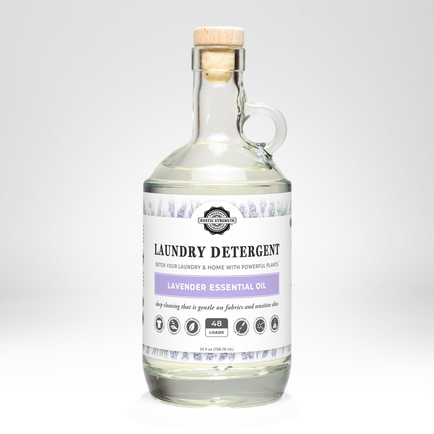 Glass bottle of lavender essential oil laundry detergent with a label on a white background