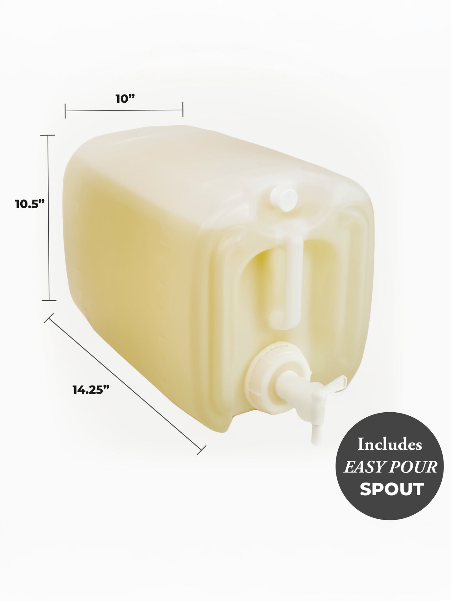 Measurement chart of a 5-gallon container of laundry detergent with an easy pour spout on a white background