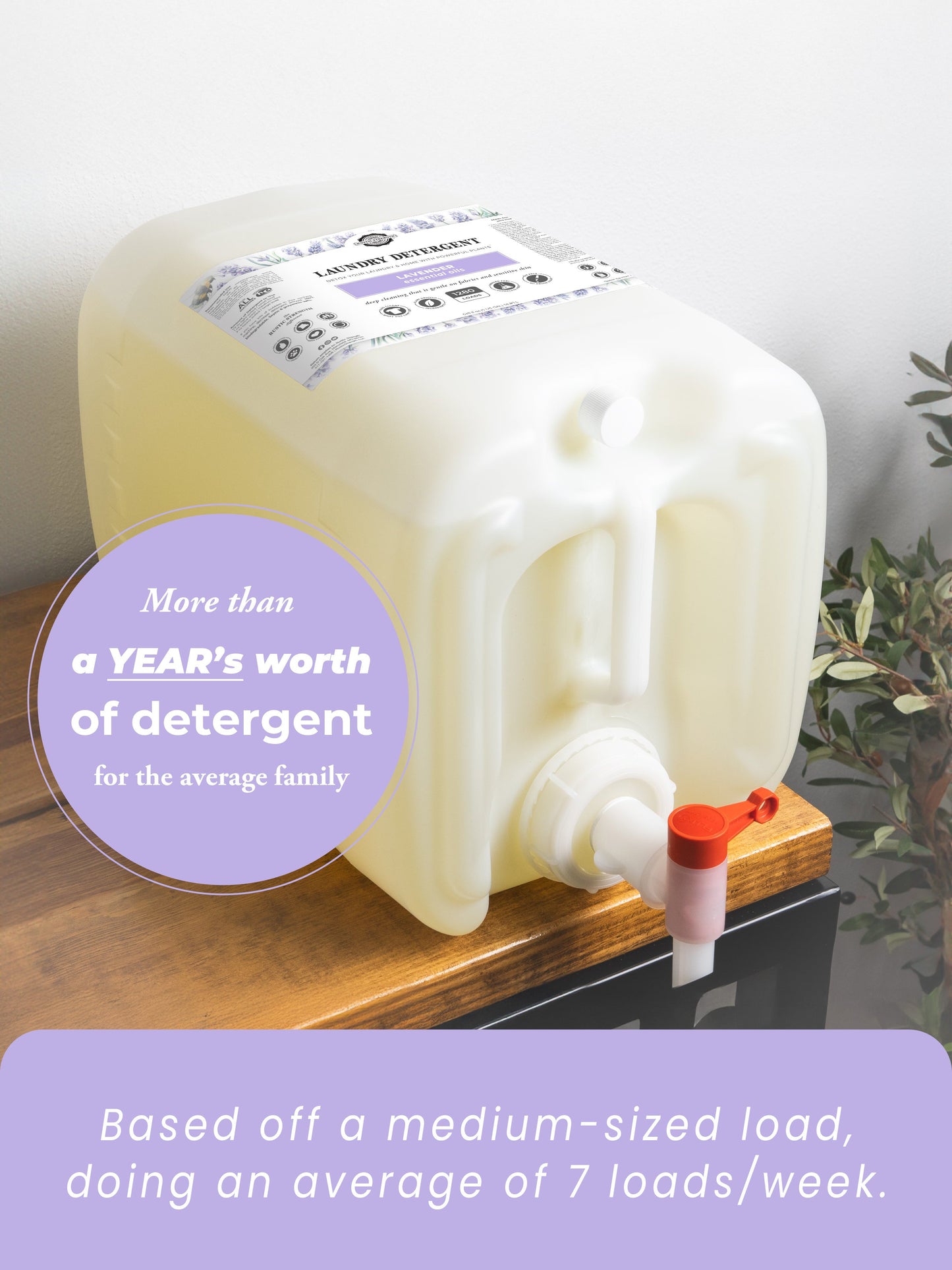 5 gallon container of laundry detergent with a pump on a wooden surface, with text about detergent quantity.