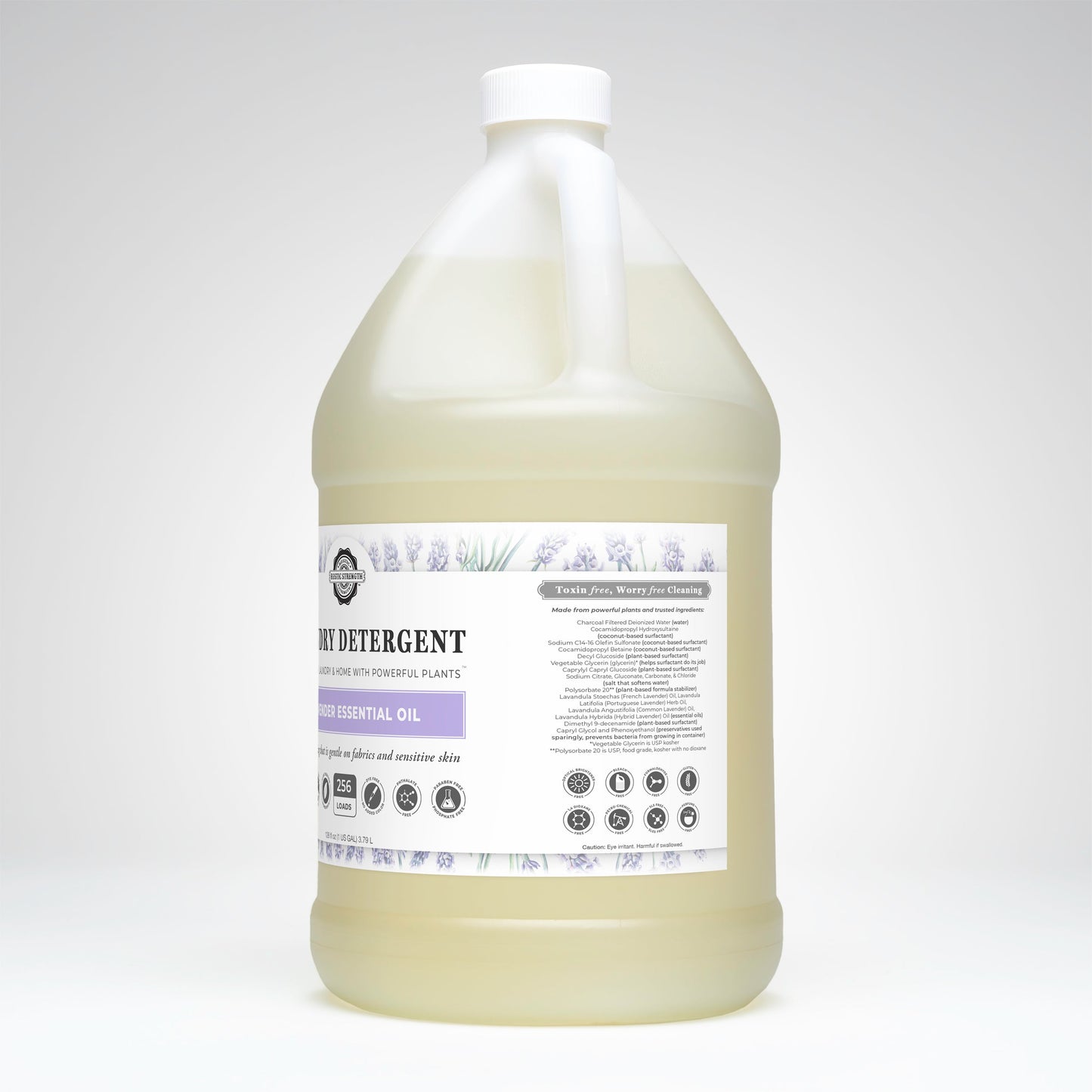 Gallon bottle of natural detergent with a label on a white background