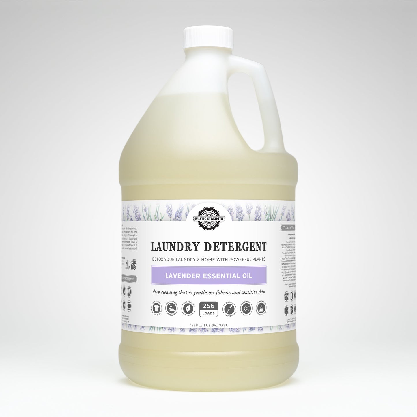 Gallon bottle of lavender essential oil laundry detergent on a white background