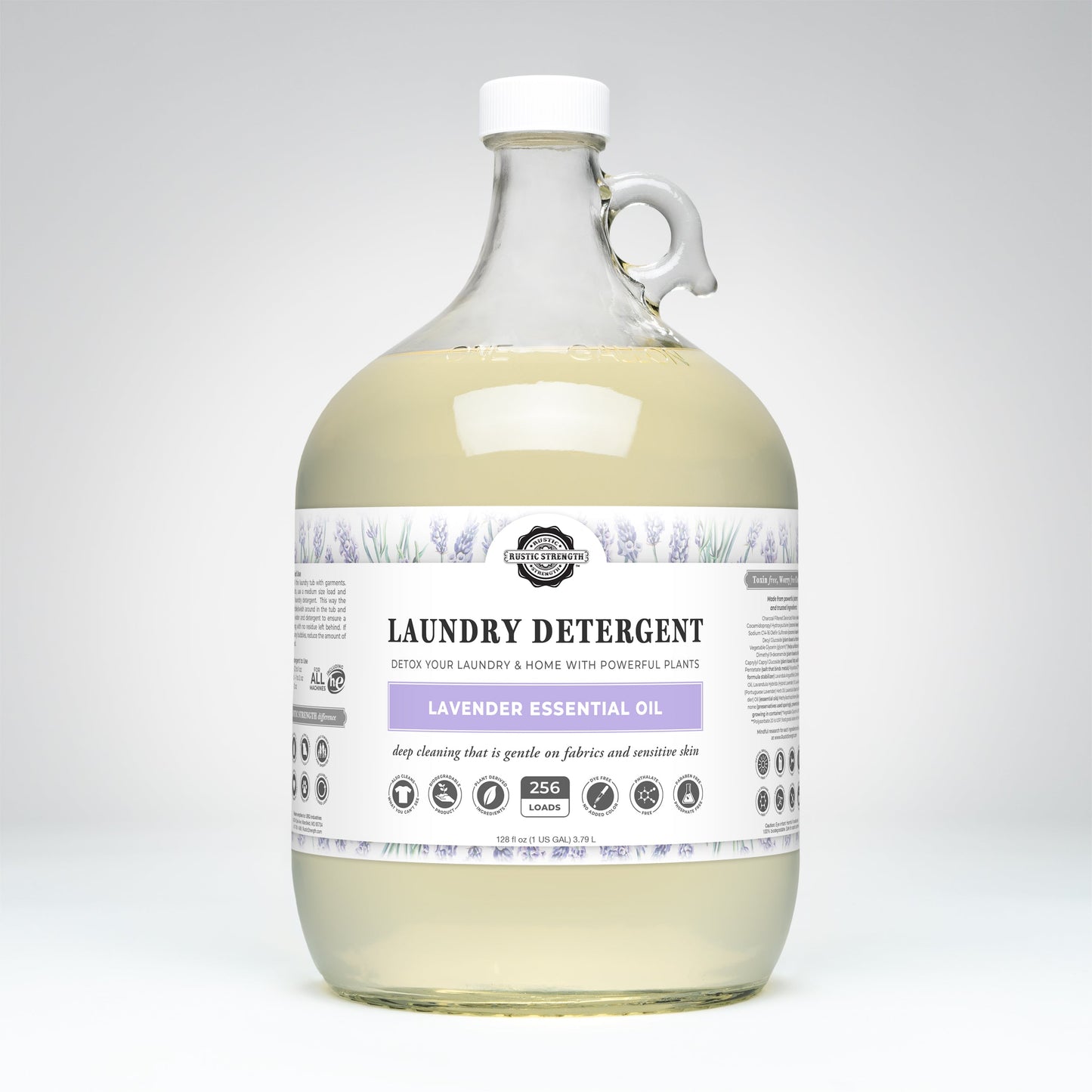 Large bottle of Rustic Strength lavender scented laundry detergent with a label on a white background