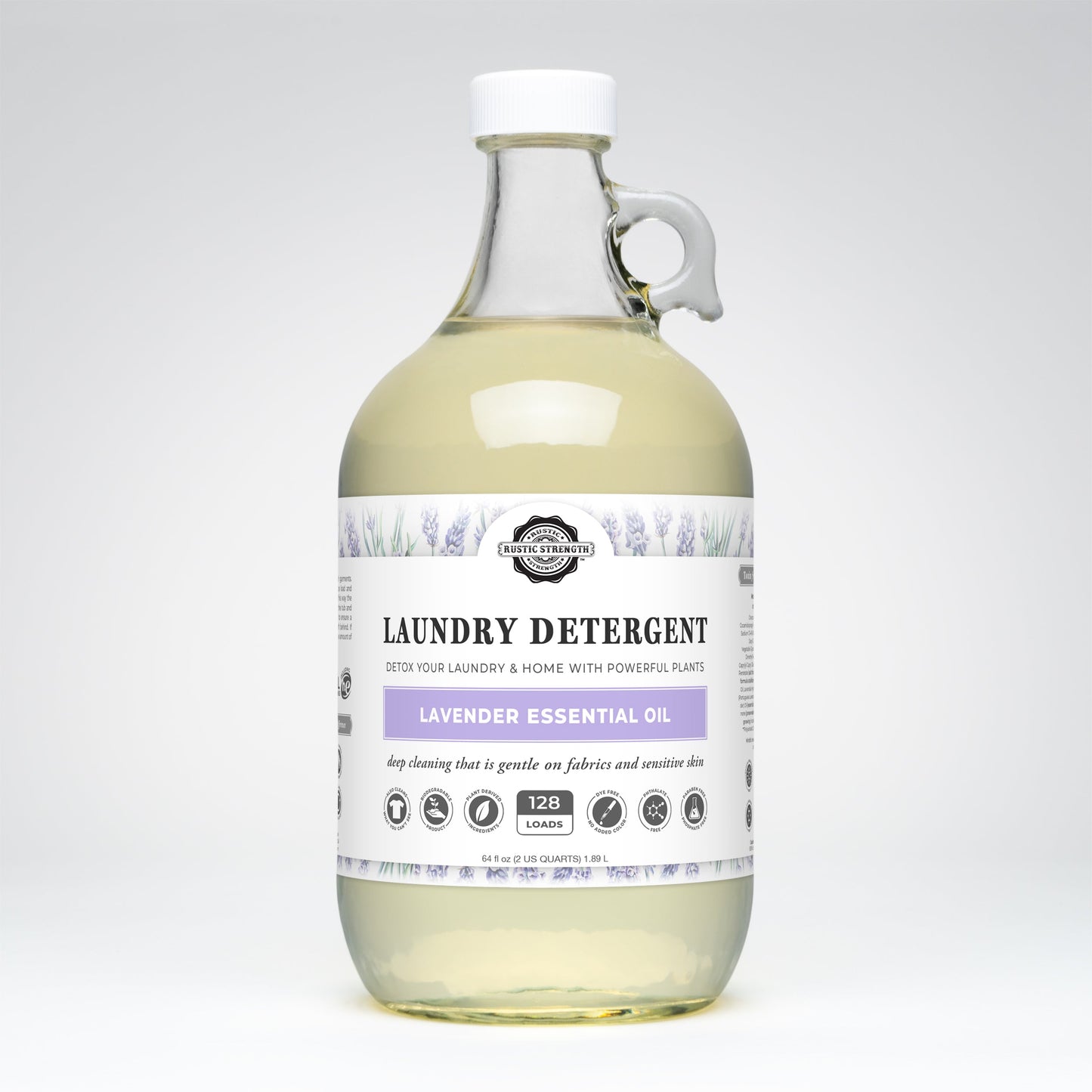 Half gallon bottle of laundry detergent with lavender essential oil on a white background