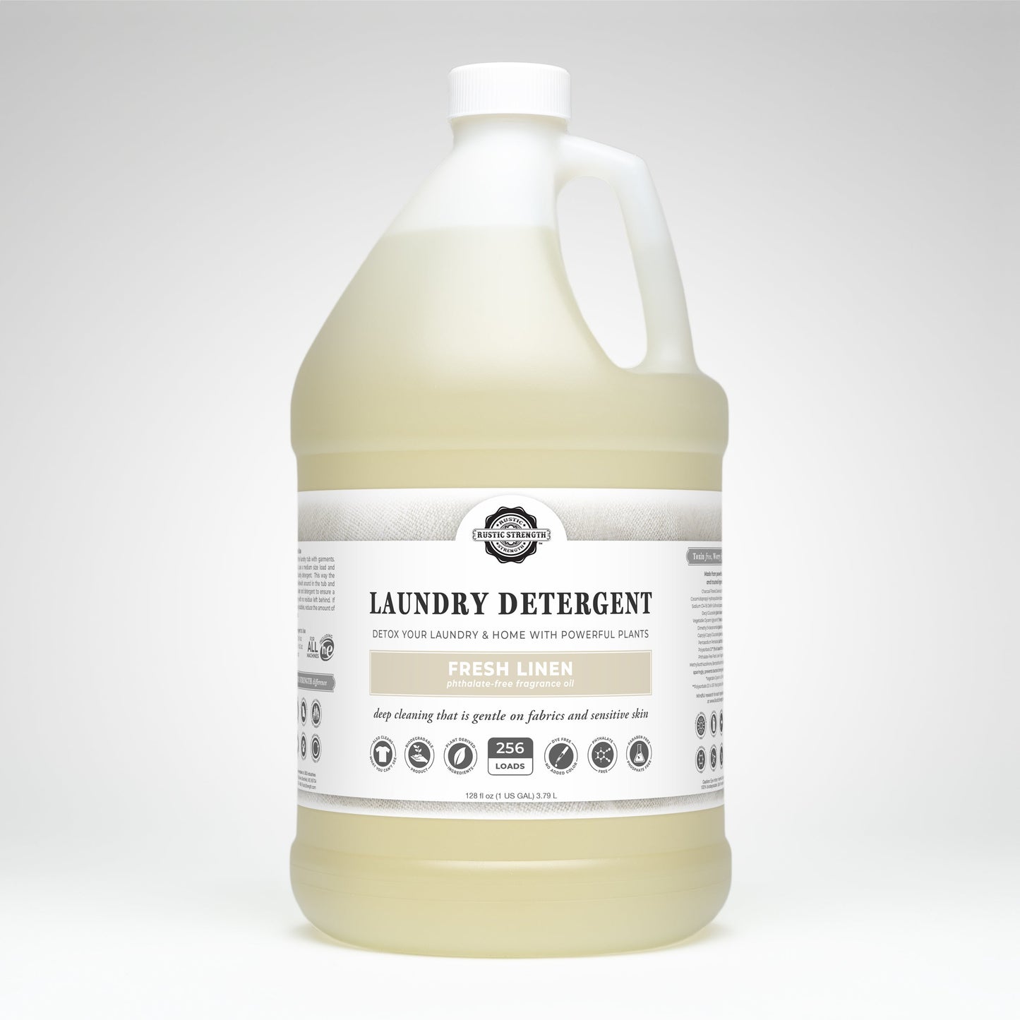 Gallon bottle of Rustic Strength Liquid Laundry Detergent with a label on a white background
