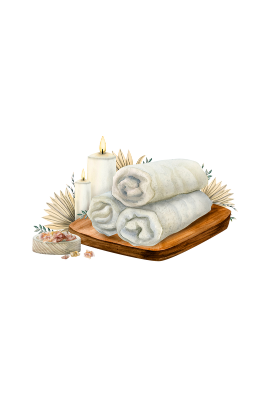 Stack of white towels on a wooden tray with candles and decorative elements on a white background