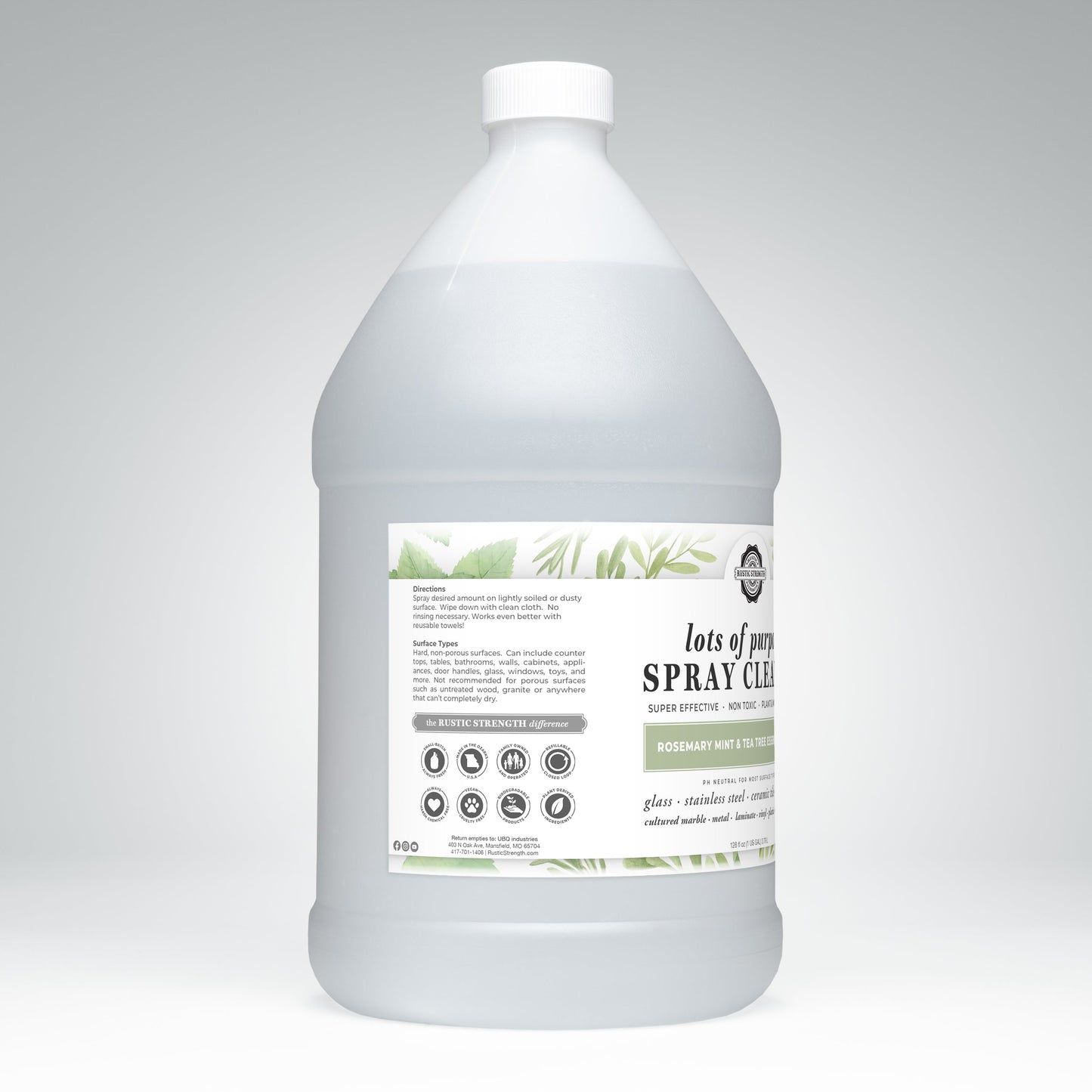 Gallon bottle of spray cleaner with a label on a gray background