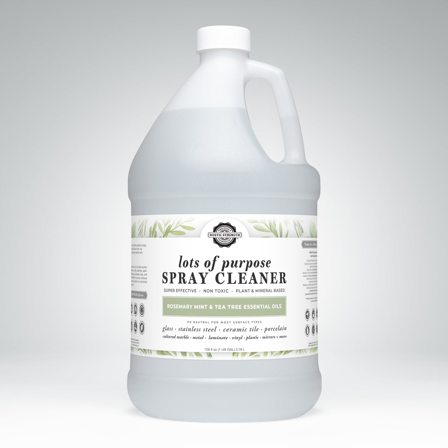 Gallon bottle of 'lots of purpose' spray cleaner with a label on a gray background
