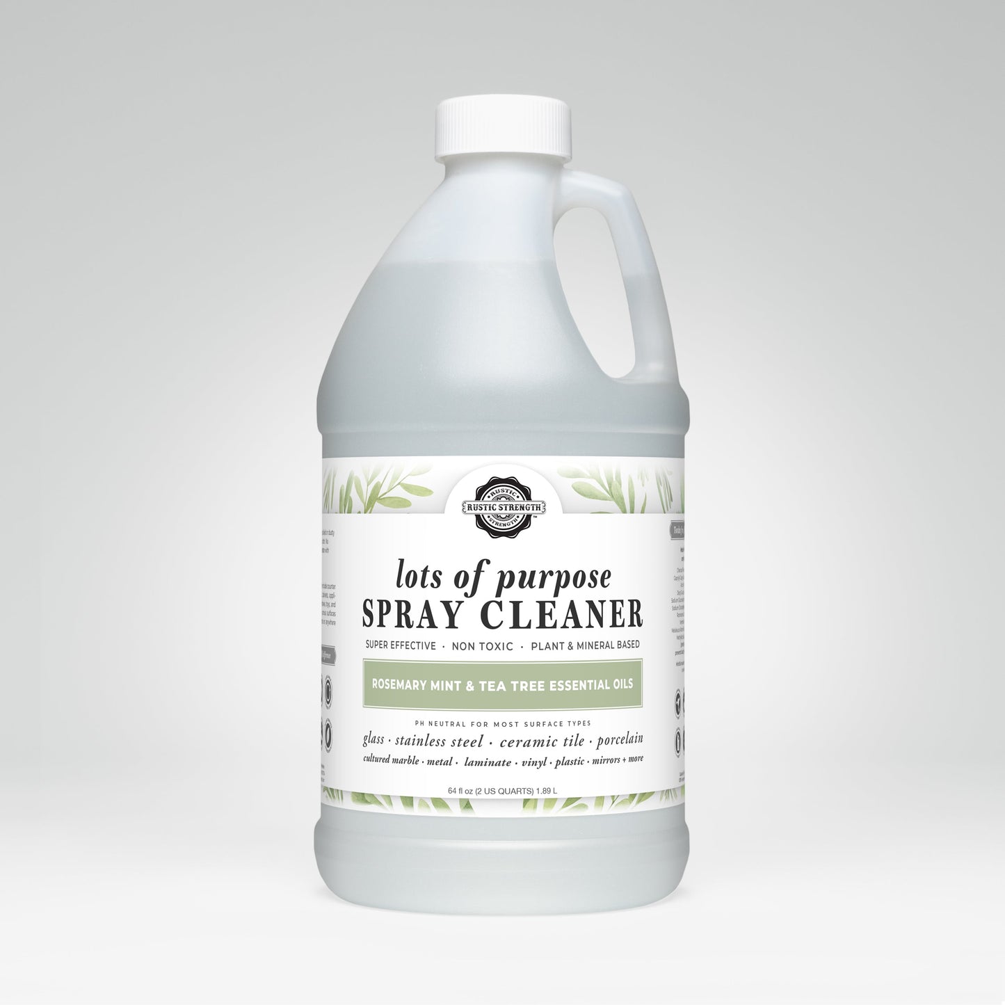 Gallon bottle of 'lots of purpose' spray cleaner on a white background
