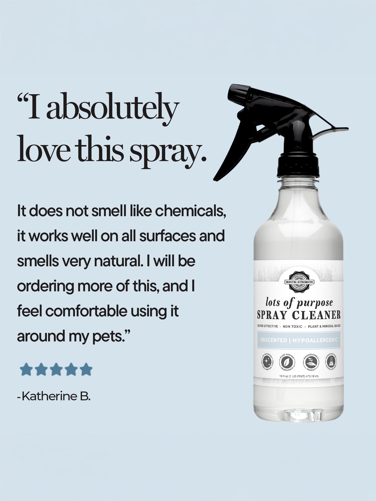 White Rustic Strength multi-purpose cleaner spray bottle with black nozzle on a light blue background, featuring a product review.