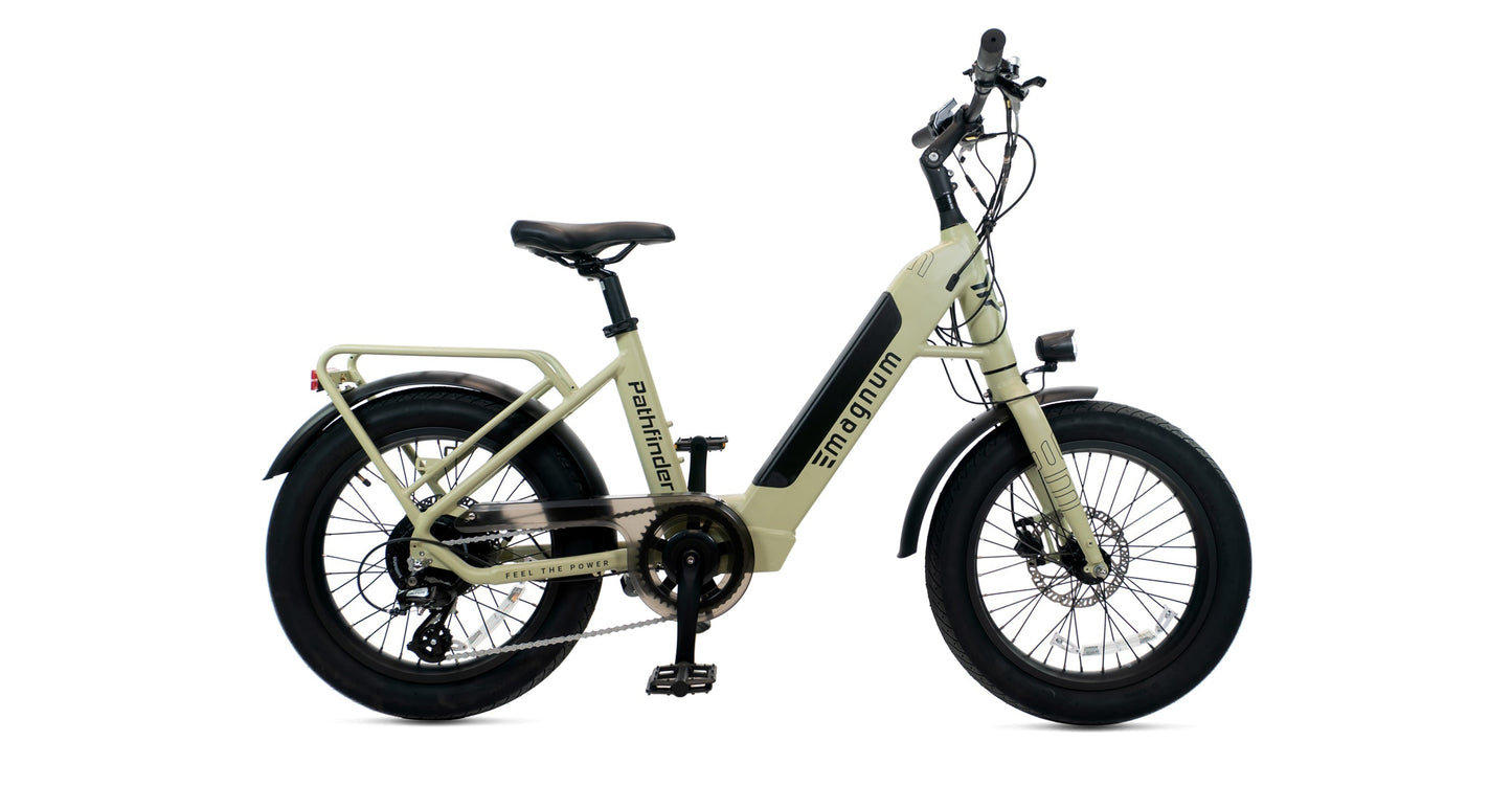 Sand colored Magnum Pathfinder 350 electric bike with black wheels on a white background