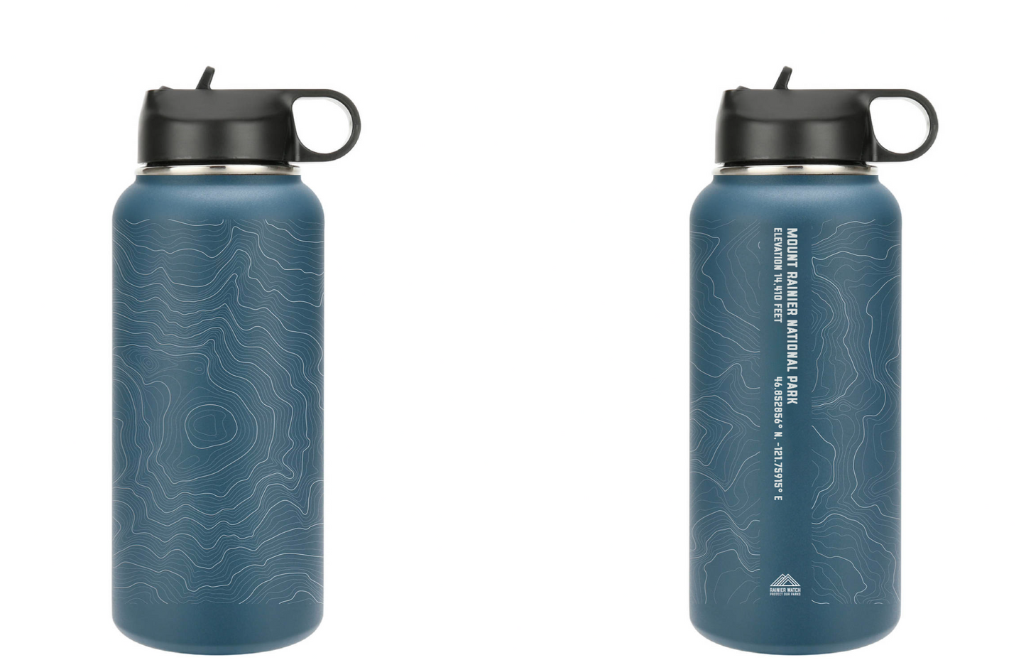 Two dies of a Rainier Watch blue water bottle with black lids on a white background