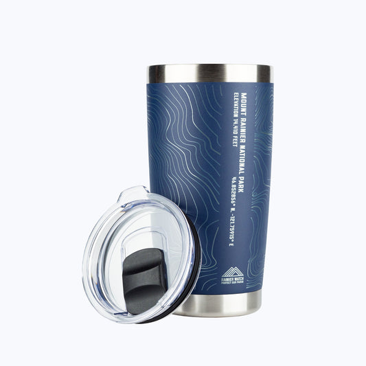 Rainier Watch Topo Travel Coffee Insulated Hot/Cold Tumbler in Navy with clear lid on a white background