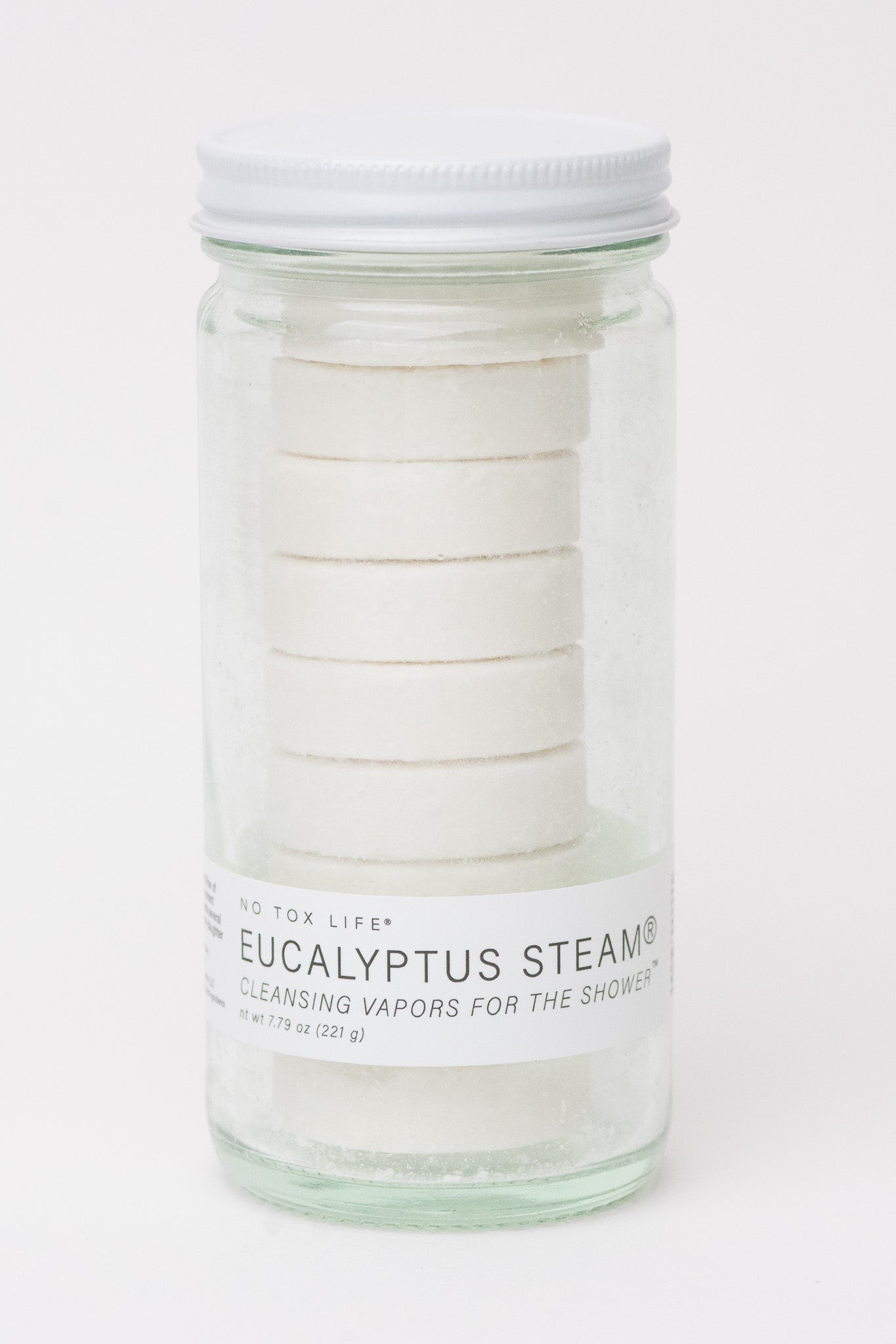 Jar of No Tox Life eucalyptus steam cleansing vapor tablets on a white background
