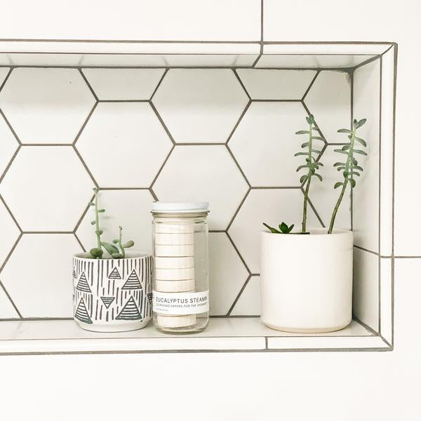 Two potted plants and a glass jar of eucalyptus steam shower vapors on a shelf against a geometric tile wall.
