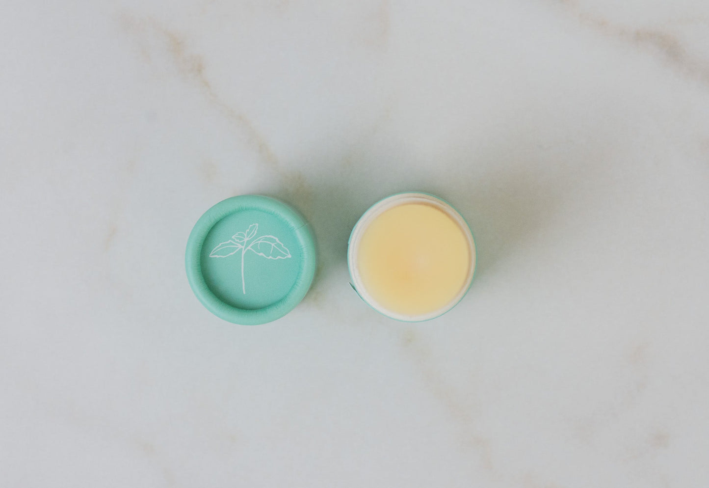 Top view of an open paper container of No Tox Life Sweet Mint Lip Butter in its green packaging on a light marble surface.