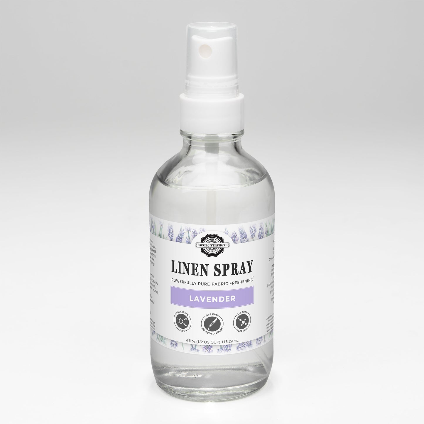 Rustic Strength Linen spray bottle with lavender scent on a white background