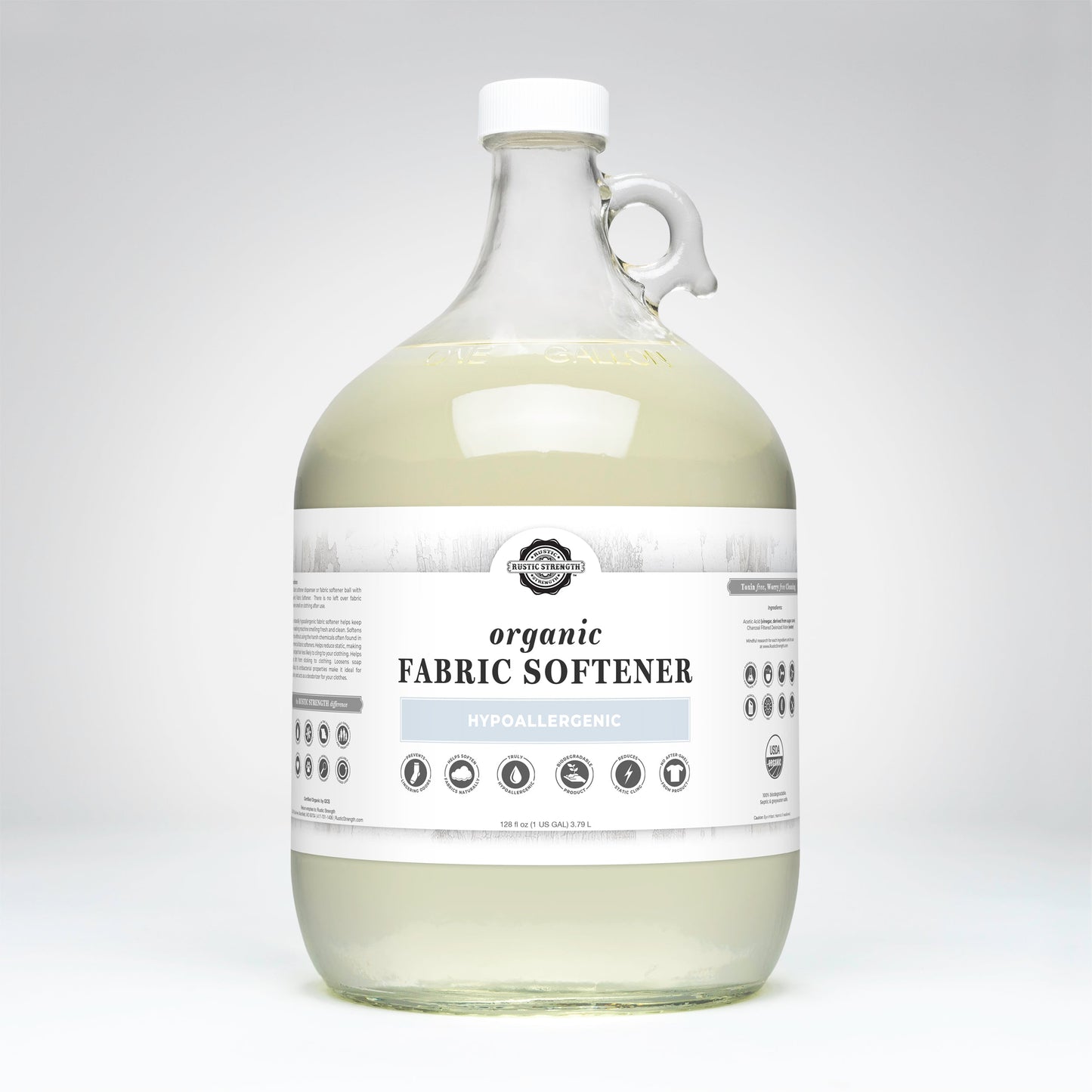 Gallon jug of hypoallergenic organic fabric softener on a white background
