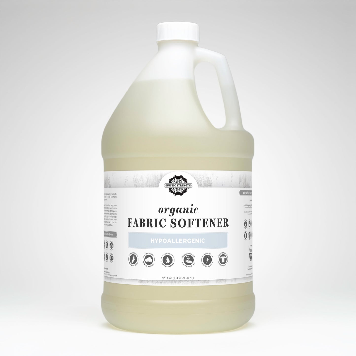 Gallon bottle of organic fabric softener on a white background