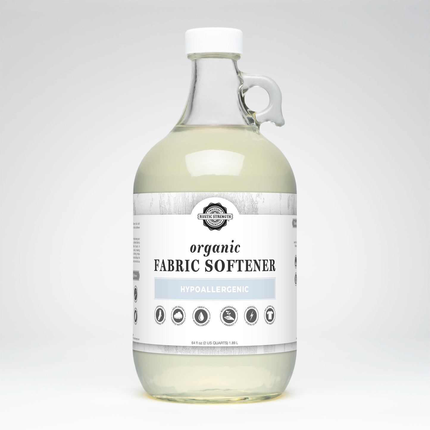 Half gallon glass bottle of organic fabric softener on a white background