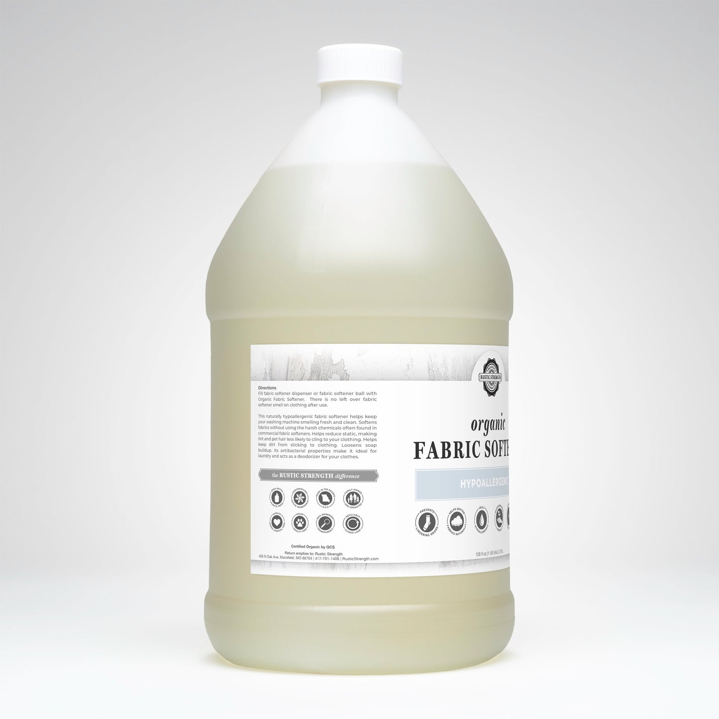 Gallon bottle of fabric softener with a label on a white background