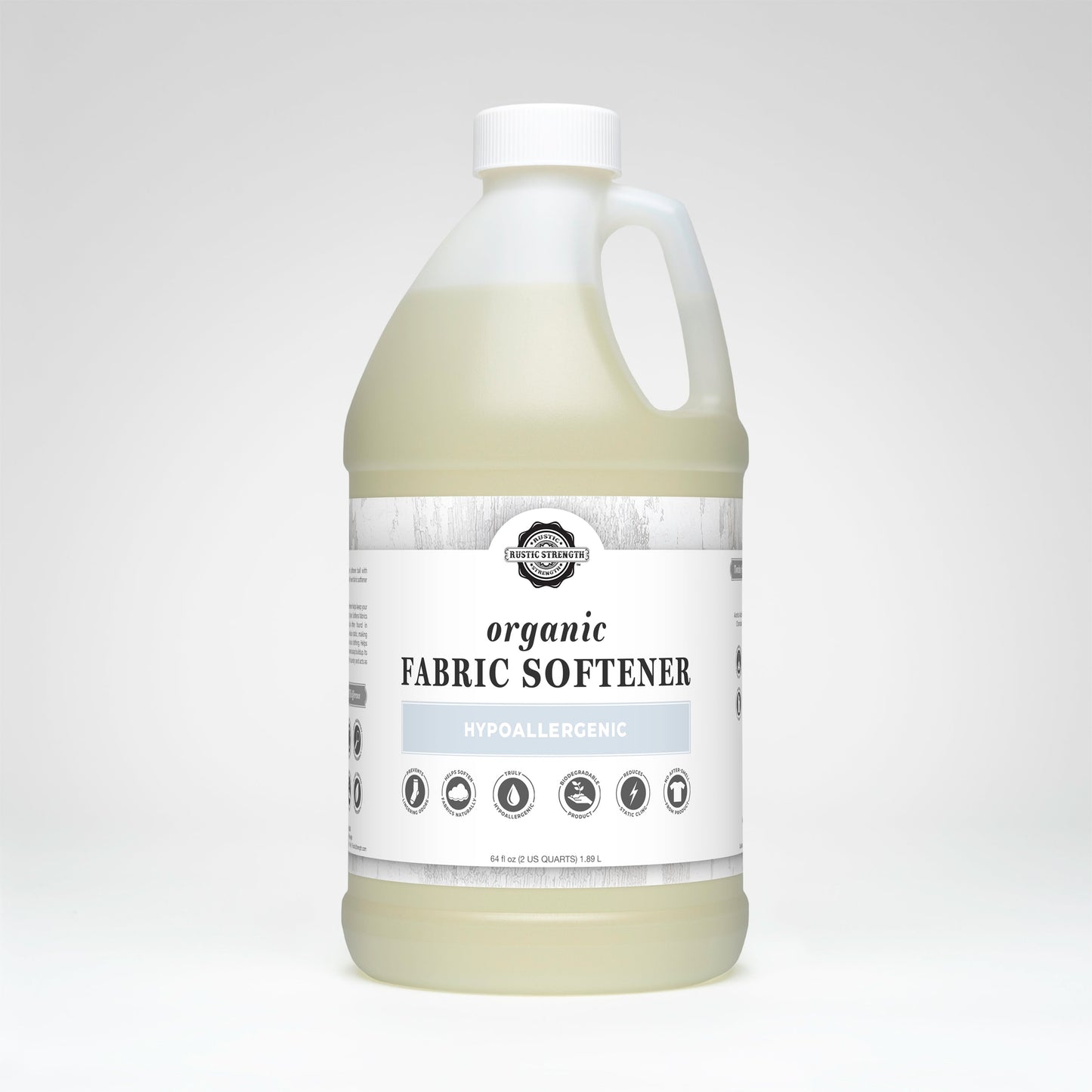 Half gallon bottle of organic fabric softener on a white background.