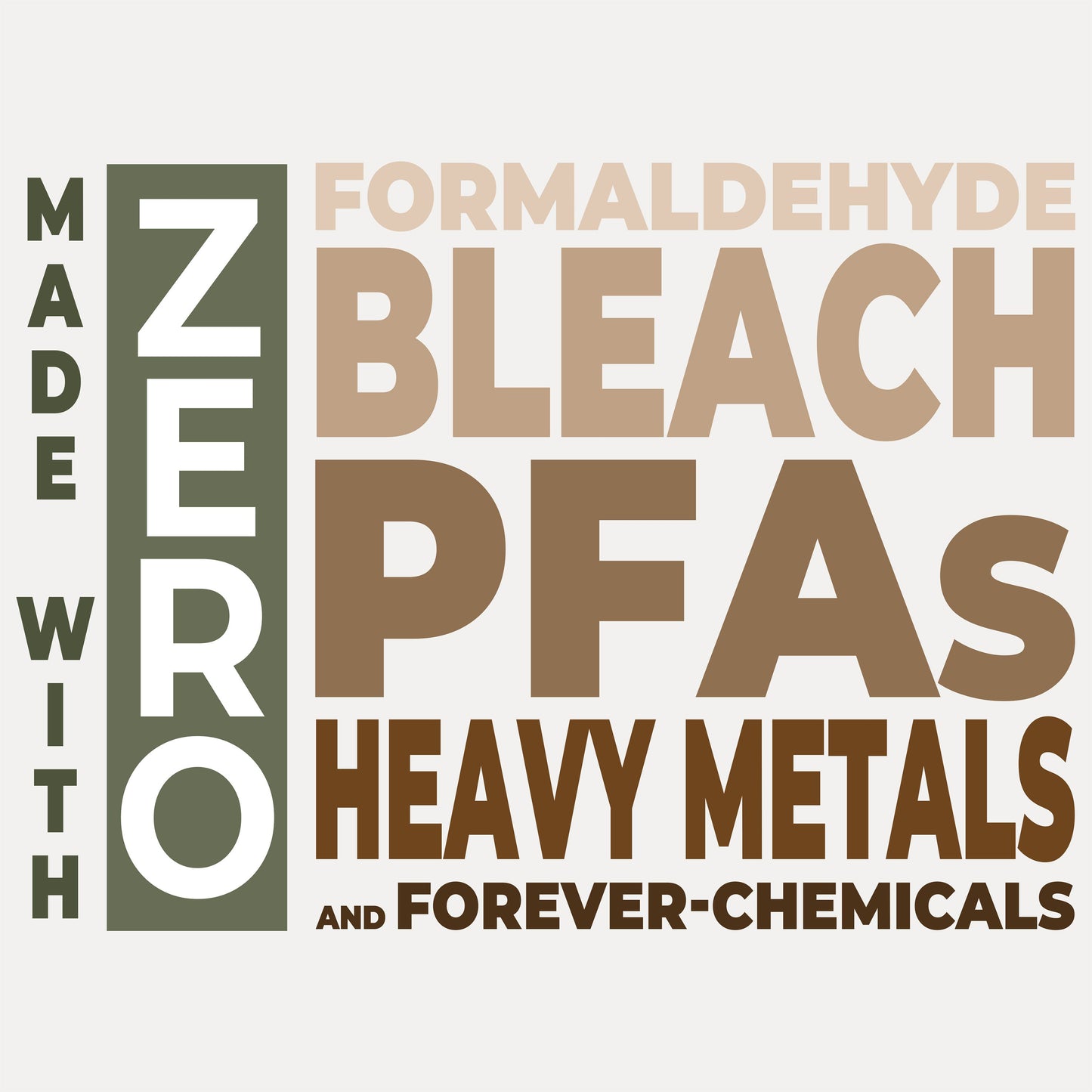 Text on a white background highlighting Made with Zero formaldehyde, bleach, PFAS, heavy metals, and forever-chemicals.