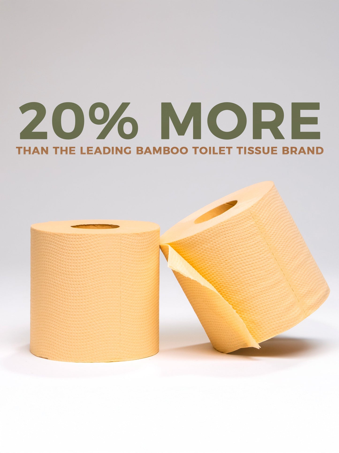 Two rolls of Panda Eco Paper Bamboo Toilet Tissue with text indicating 20% more than a leading brand on a white background.