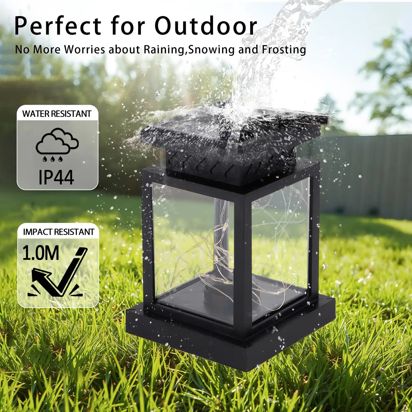 Waterproof outdoor light fixture with water splashing around it on grass