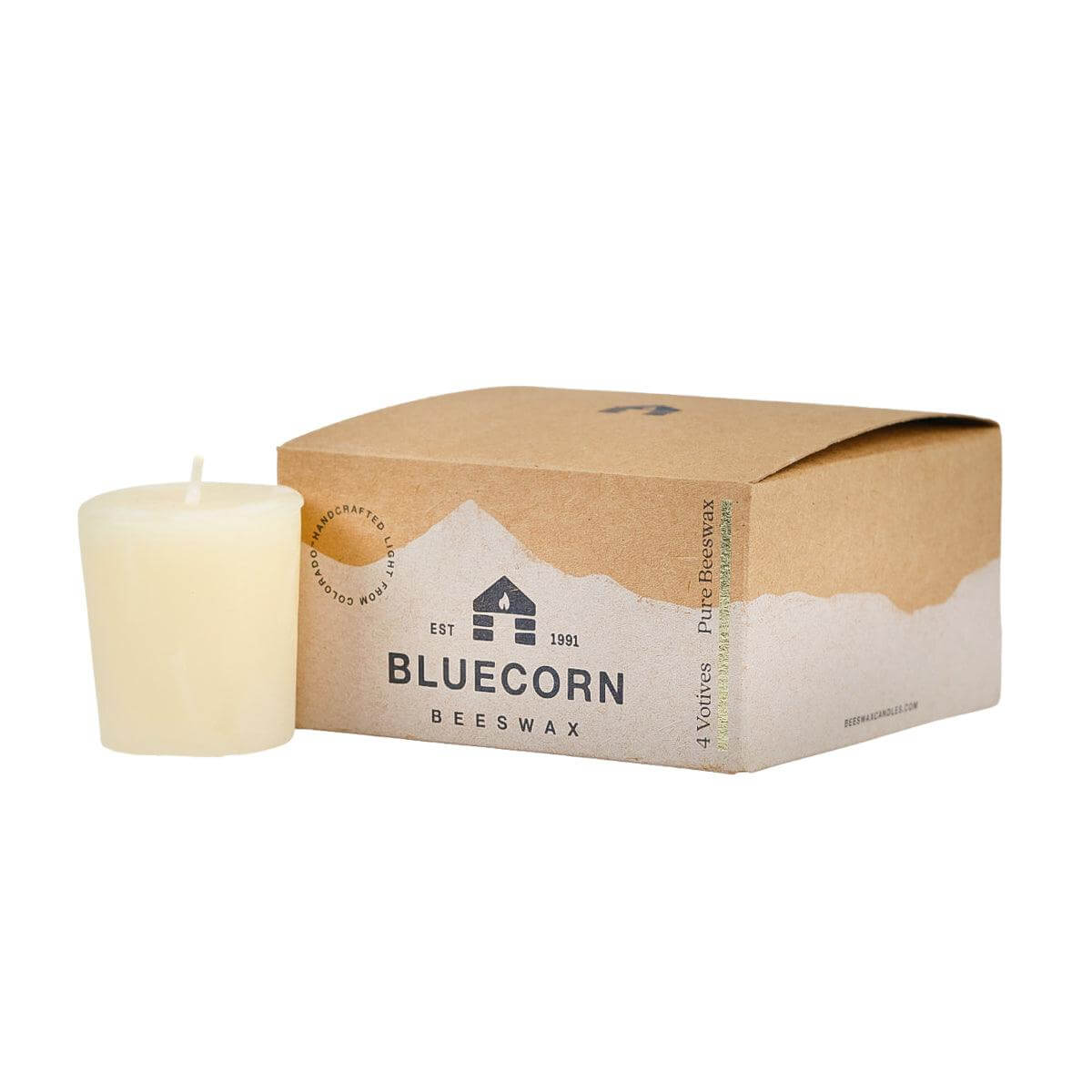 Beeswax candle with Bluecorn Beeswax packaging on a white background