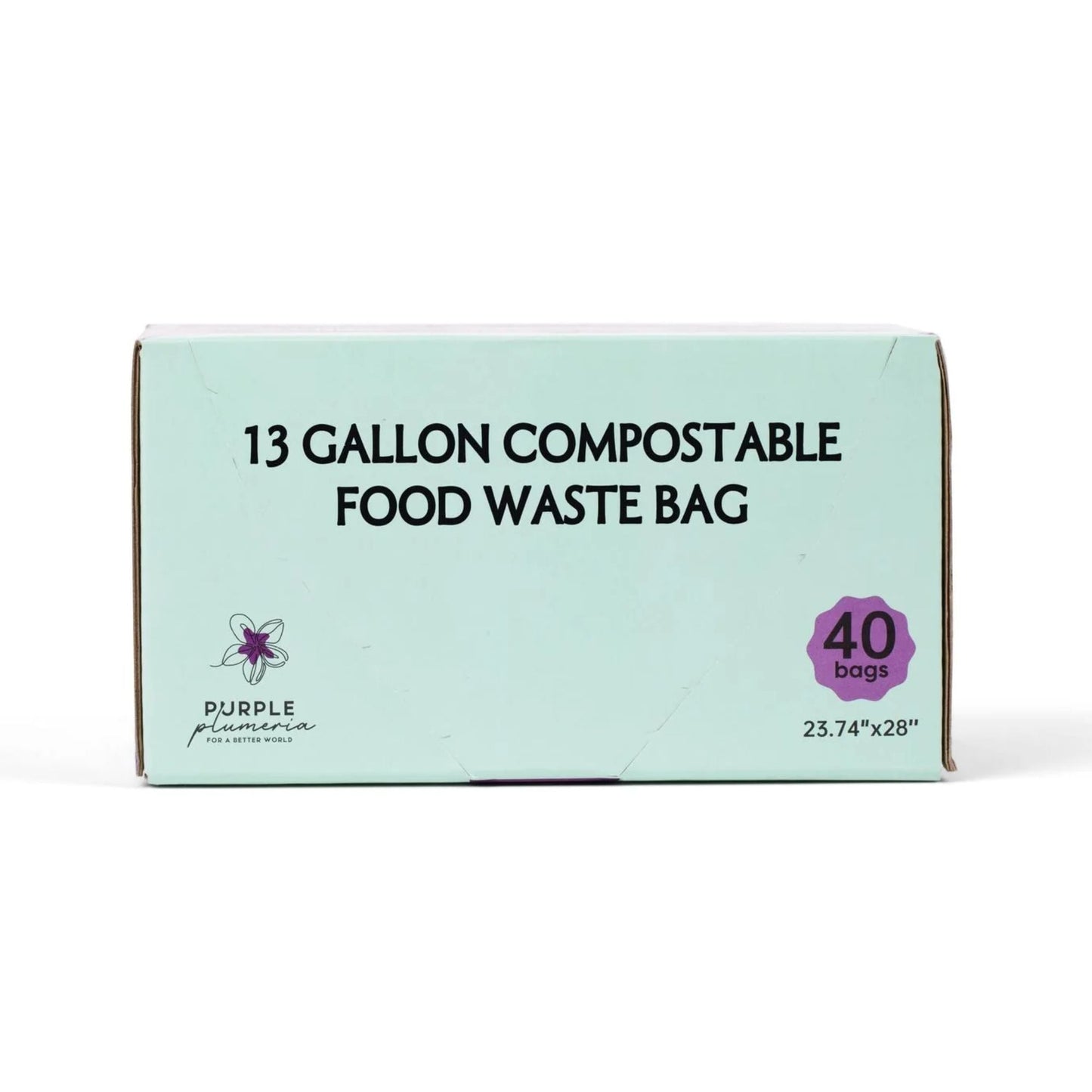 Box of Purple Plumeria 13-gallon compostable food waste bags on a white background