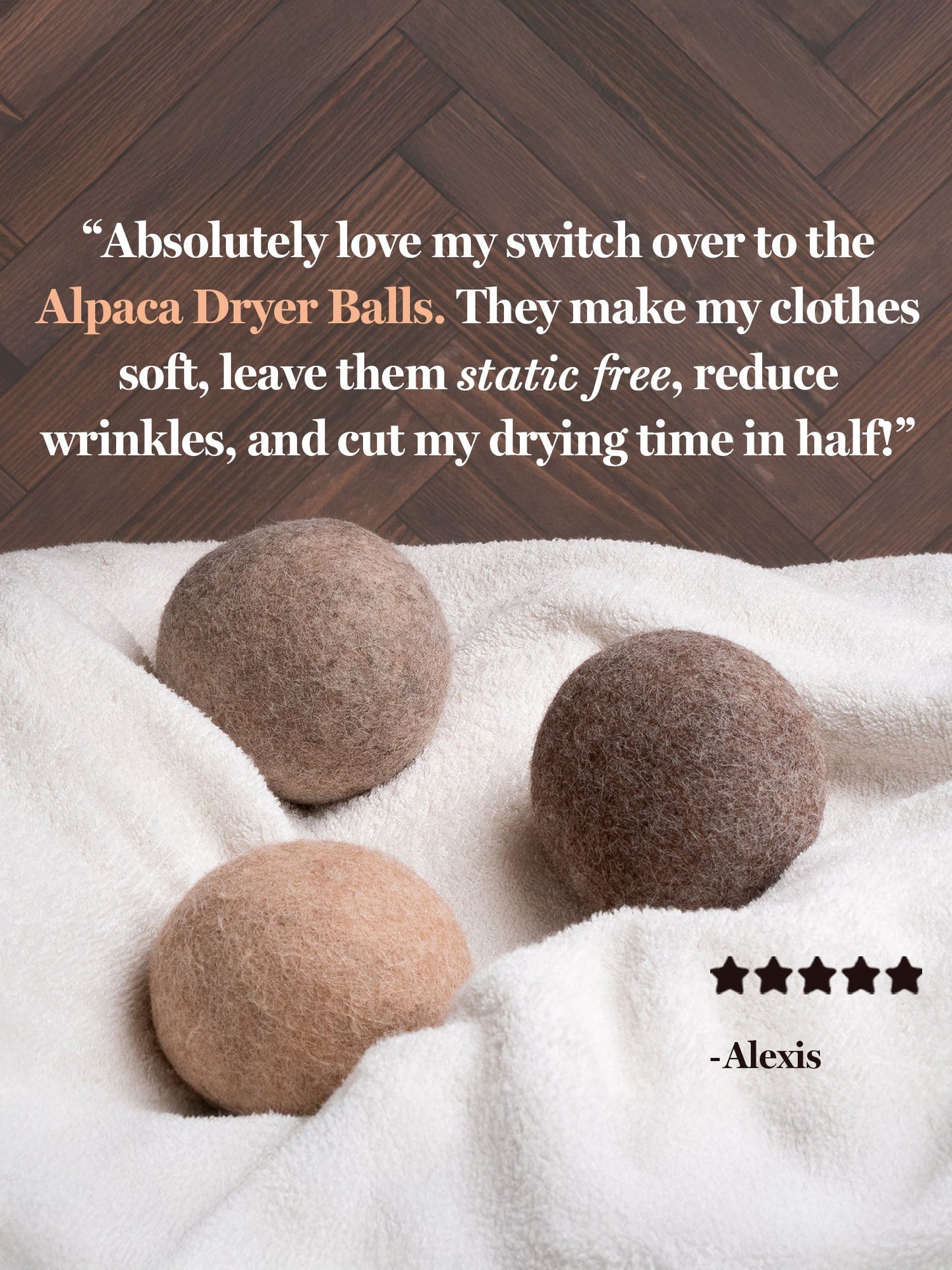 Alpaca dryer balls on a white towel with a wooden floor background and customer review text.