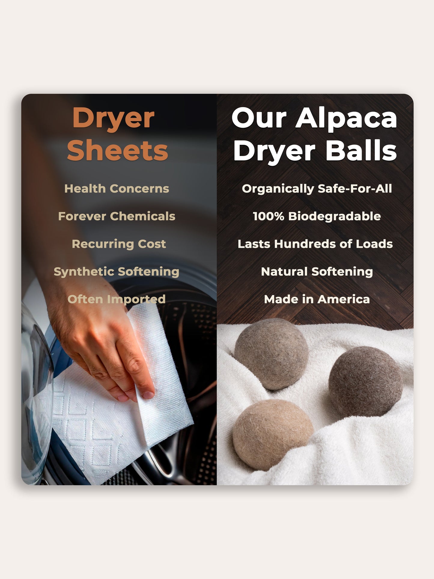 Comparison of alpaca dryer balls and their benefits to traditional dryer sheets