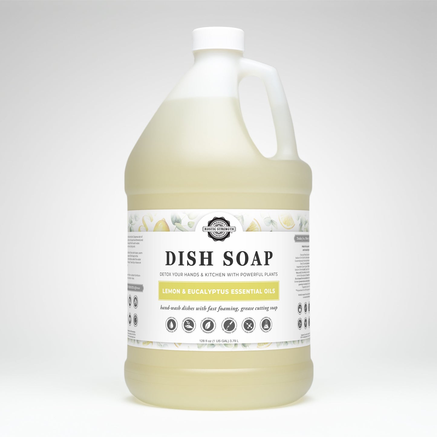 Gallon jug of Rustic Strength Dish Soap with a label on a white background