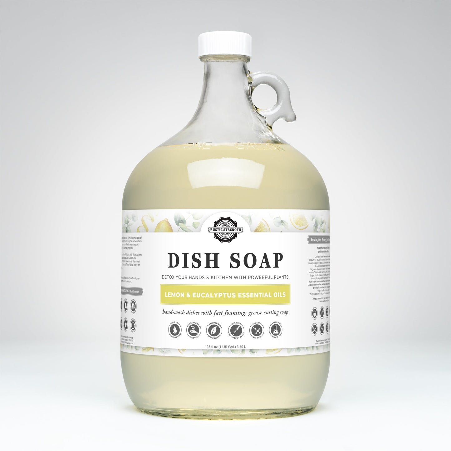 Gallon glass bottle of dish soap with a label on a white background