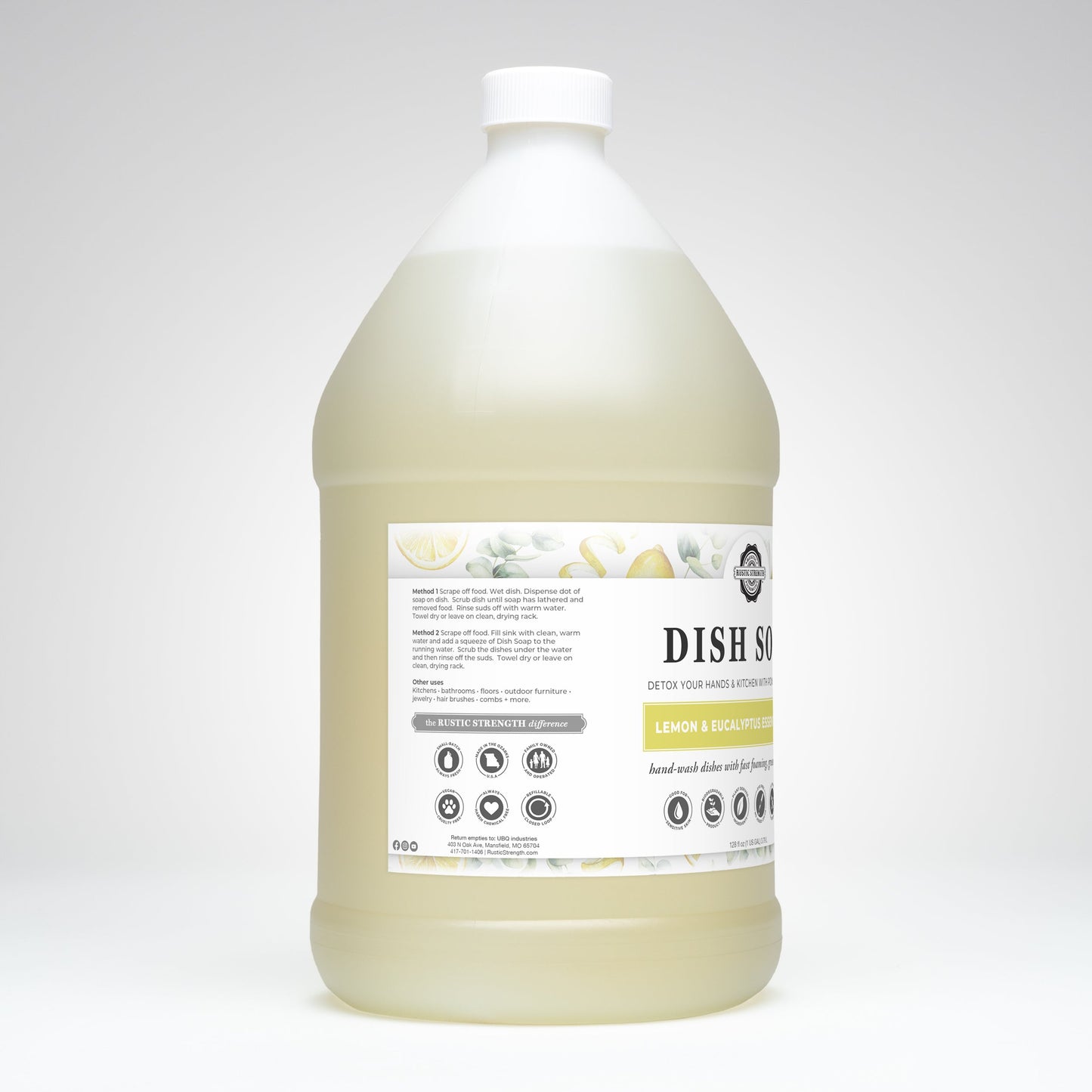 Gallon bottle of dish soap with a label on a white background