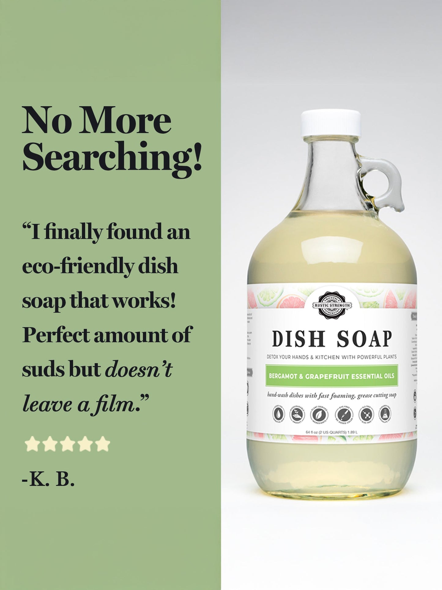 Bottle of Rustic Strength dish soap with a label on a gray background, featuring a five-star rating and customer review.