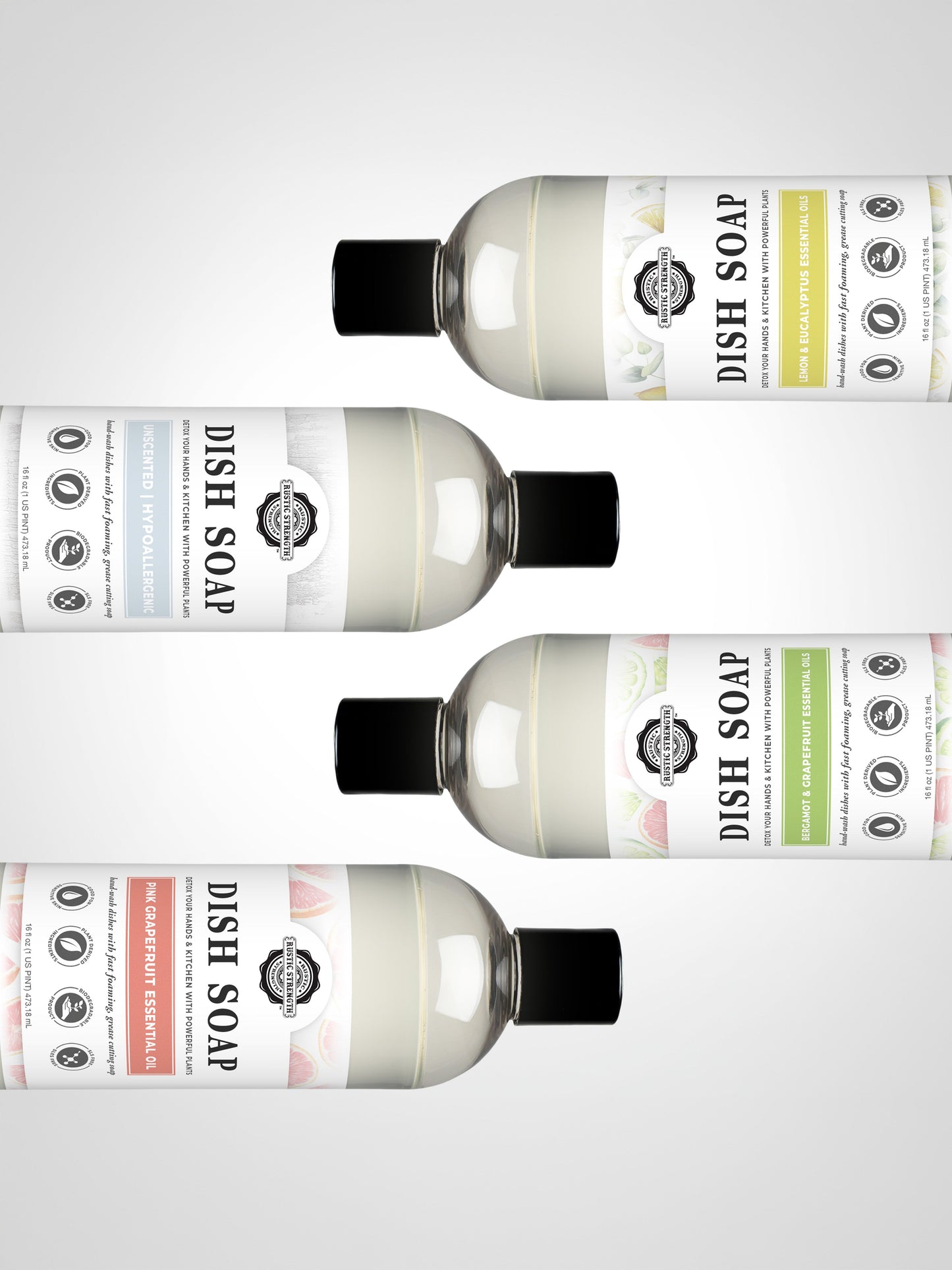 Four bottles of Rustic Strength Dish Soap with labels on a light gray background