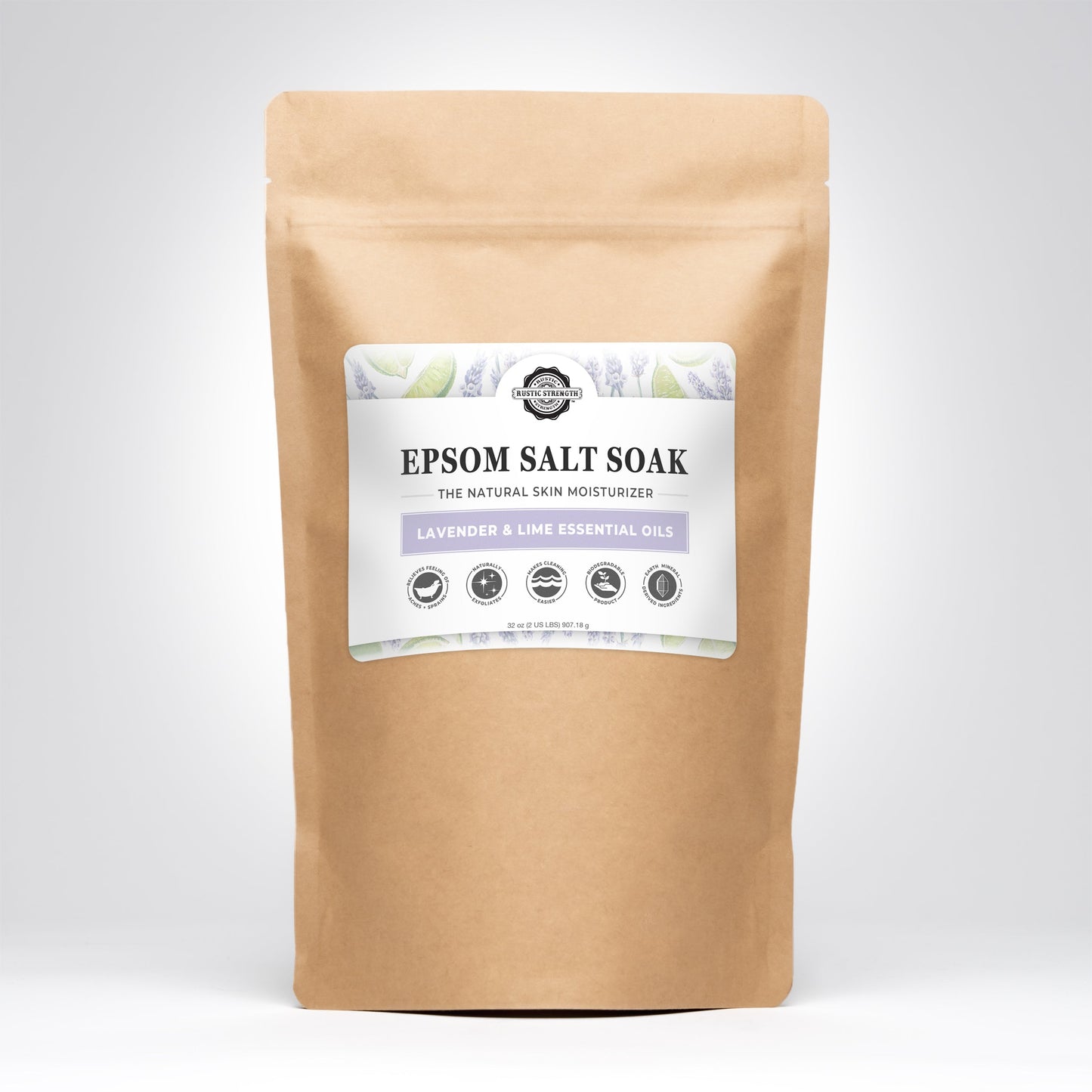 Rustic Strength Epsom Salt Soak with Lavender and Lime essential oils in paper packaging.