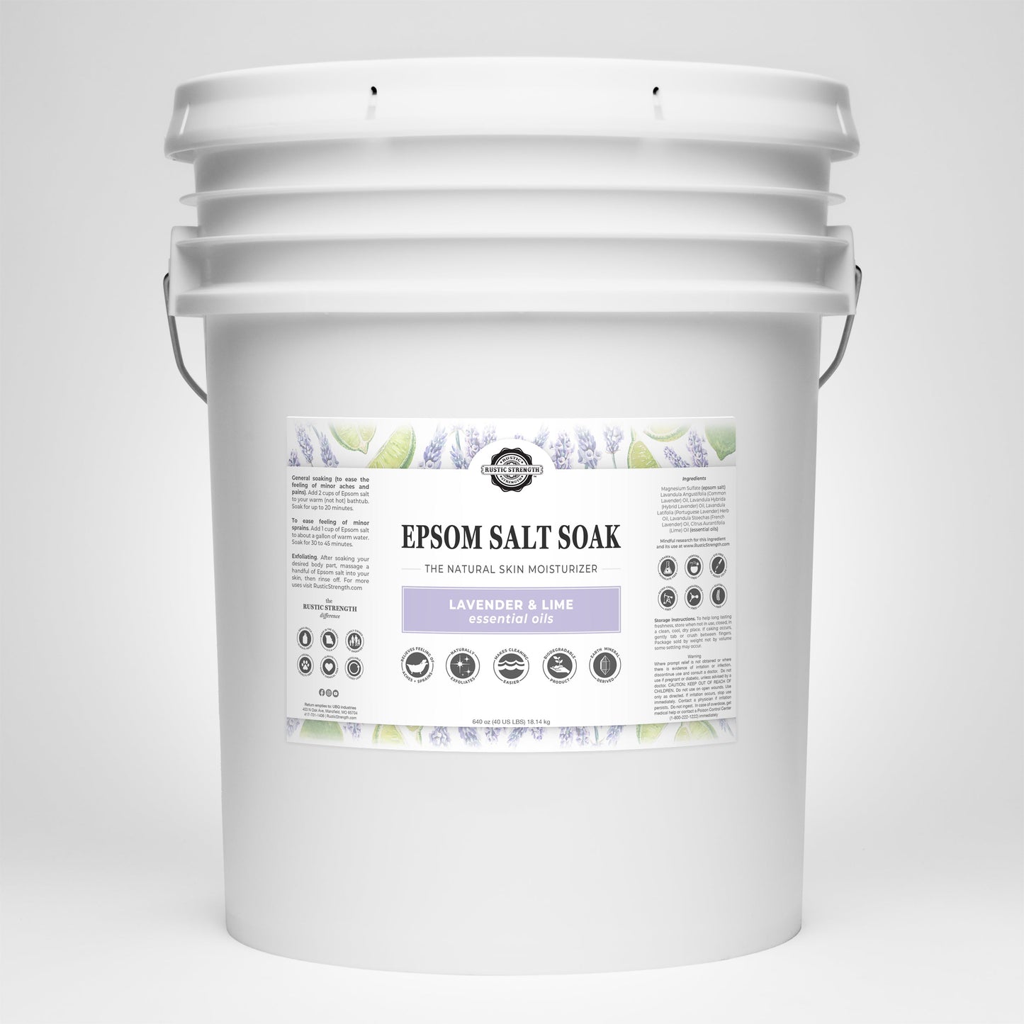 40lb bucket of 'Epsom Salt Soak Lavender & Lime' on a gray background
