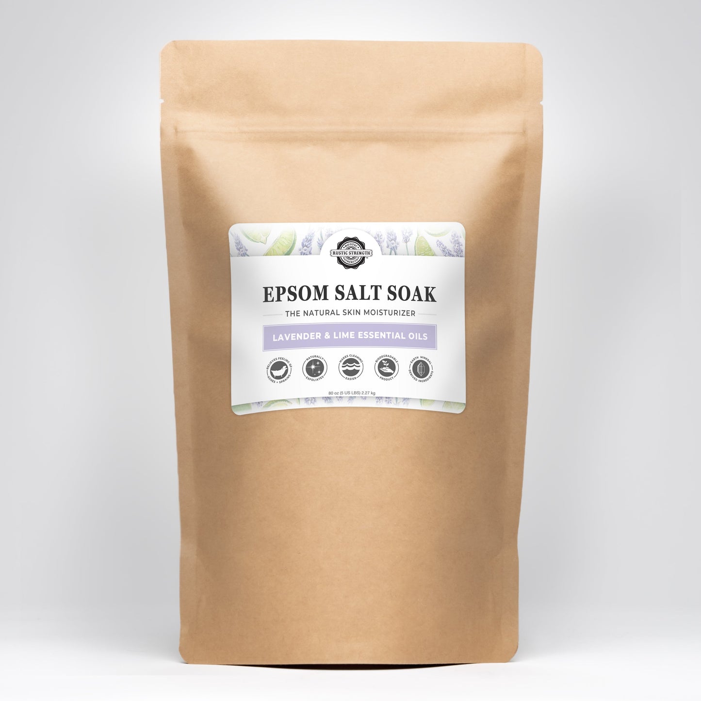Brown paper package of Rustic Strength Epsom Salt Soak with Lavender and Lime Essential Oils on a white background