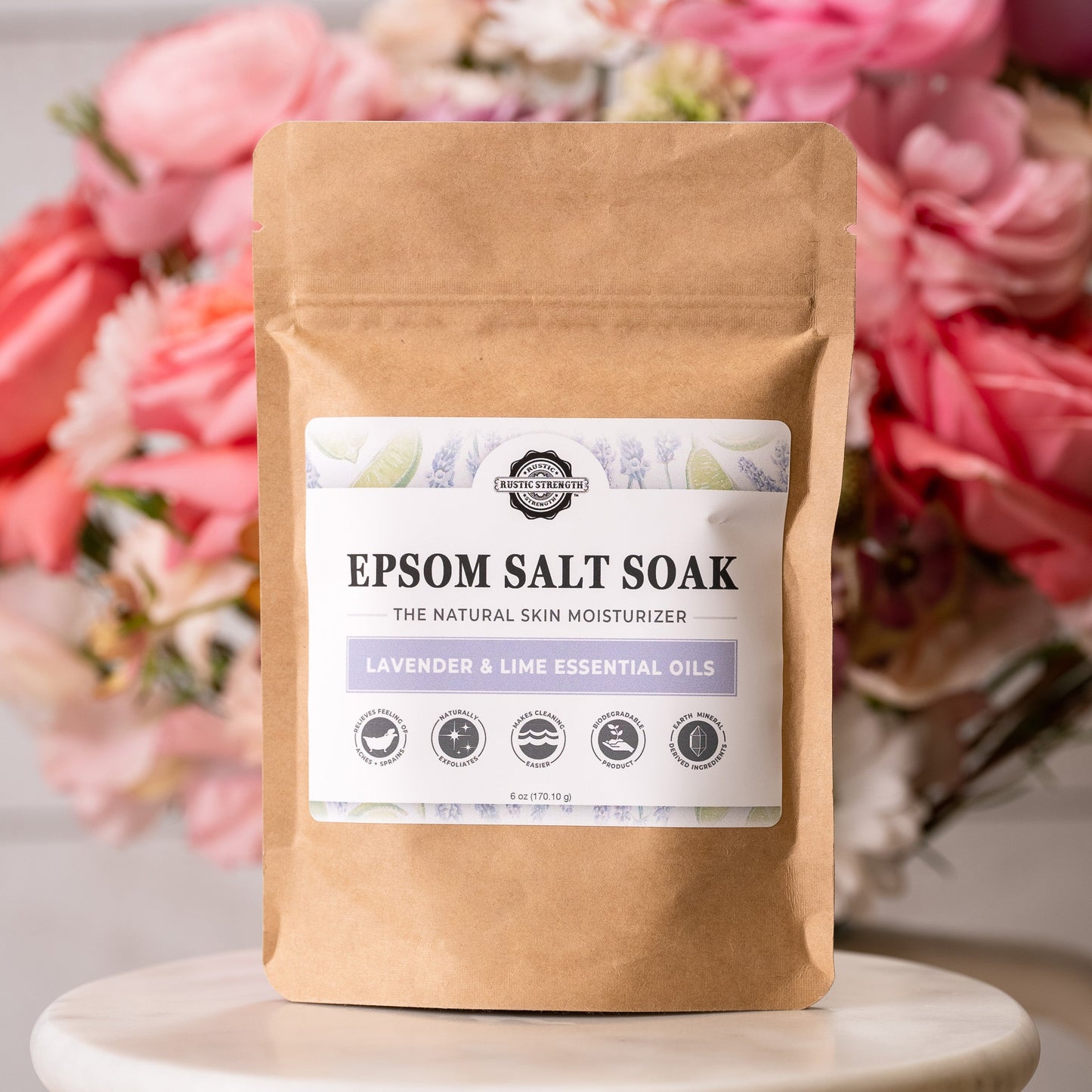 Epsom salt soak package with a floral background