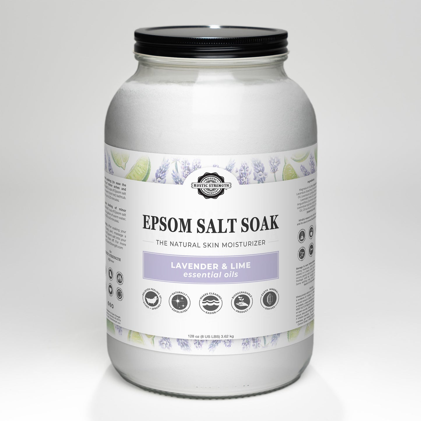 8lb jar of Rustic Strength Epsom Salt Soak with Lavender & Lime Essential Oils on a white background