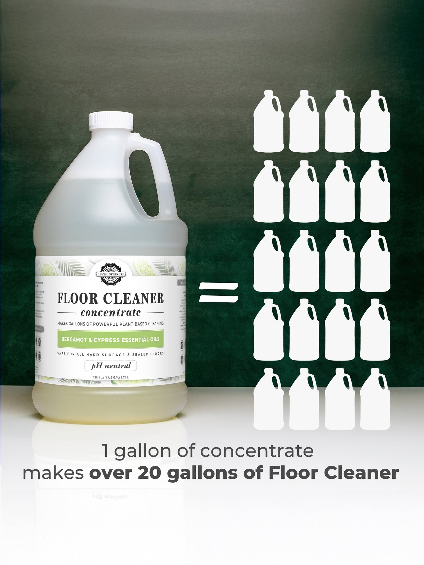 Floor cleaner concentrate bottle with a green chalkboard background and white illustrations of smaller bottles.