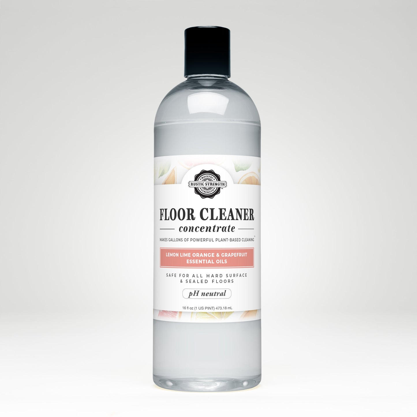 Bottle of Rustic Strength floor cleaner concentrate with a label on a white background