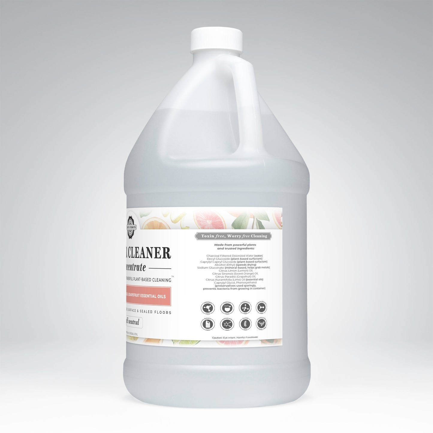 Gallon bottle of Rustic Strength cleaner with a label on a gray background