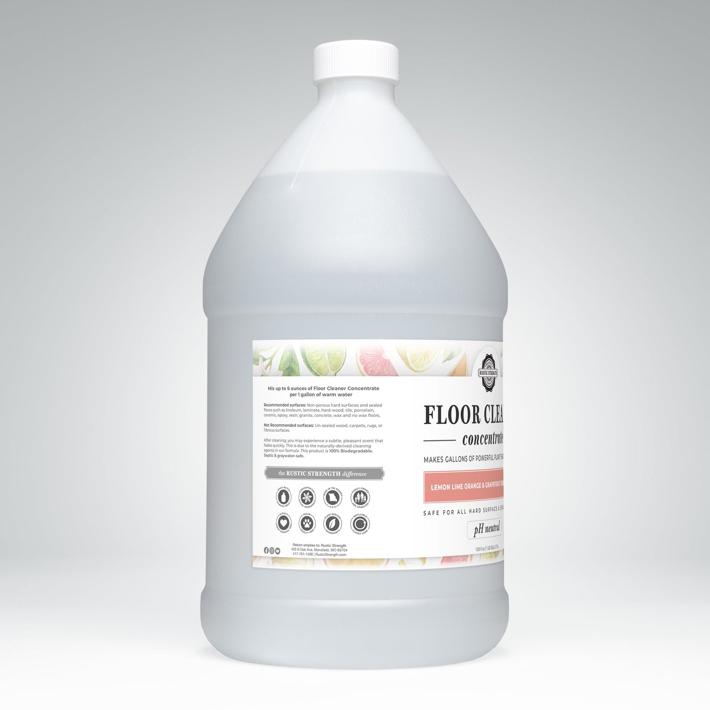Gallon bottle of floor cleaner concentrate on a gray background