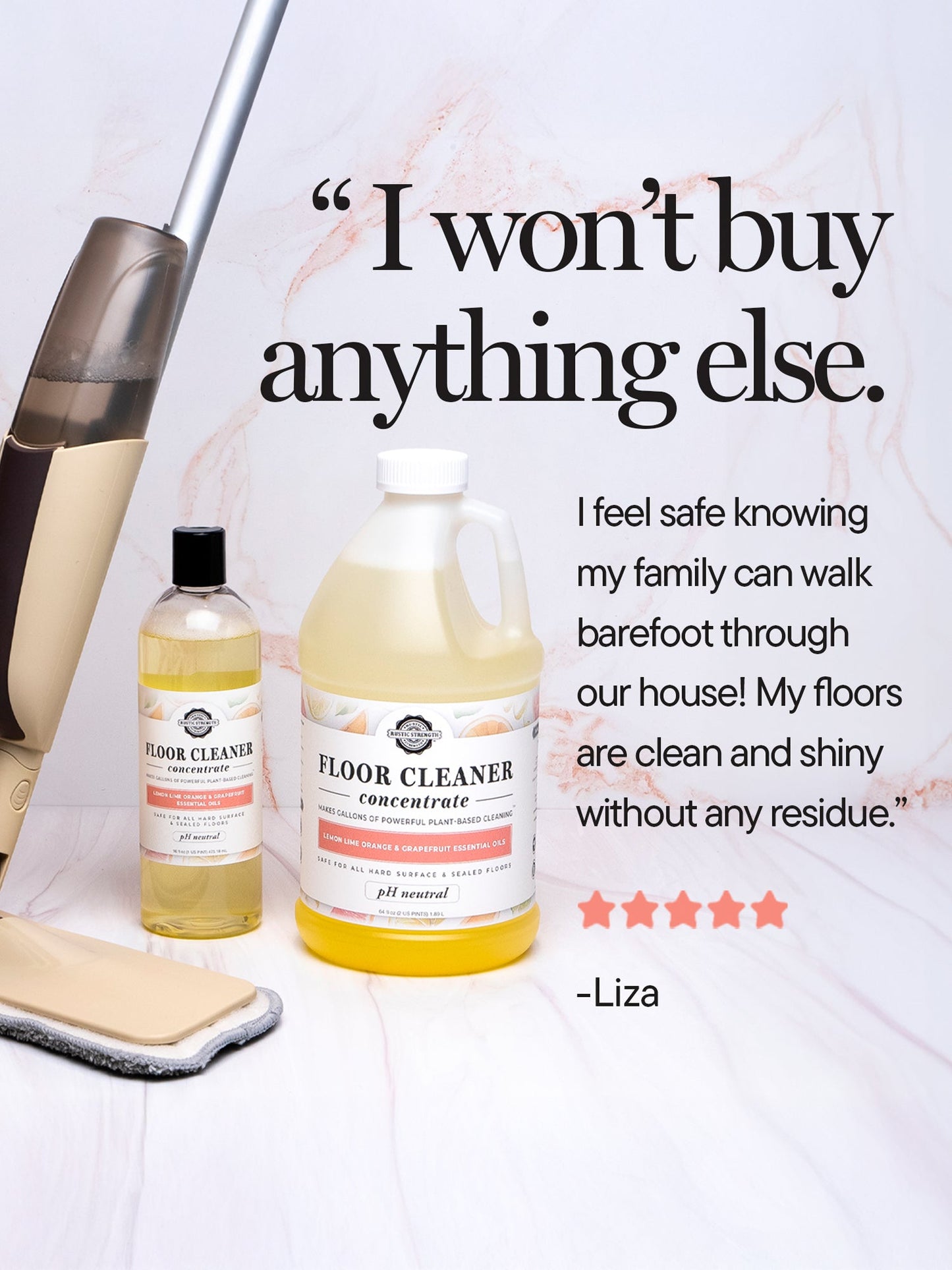 Rustic Strength floor cleaner bottles with a broom and brush, and a customer review on a white background.