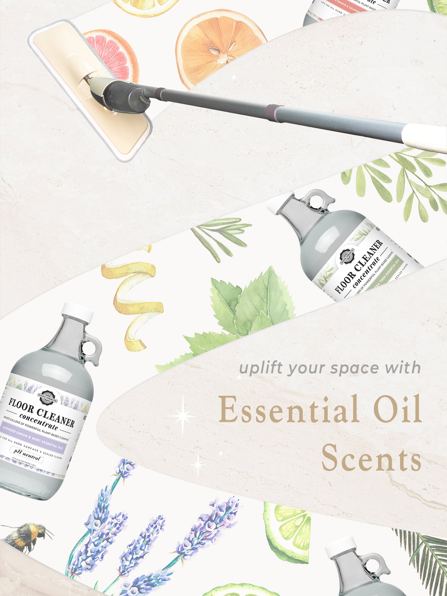 Rustic Strength floor cleaner bottles with essential oil scents on a decorative background with plants and citrus fruits.